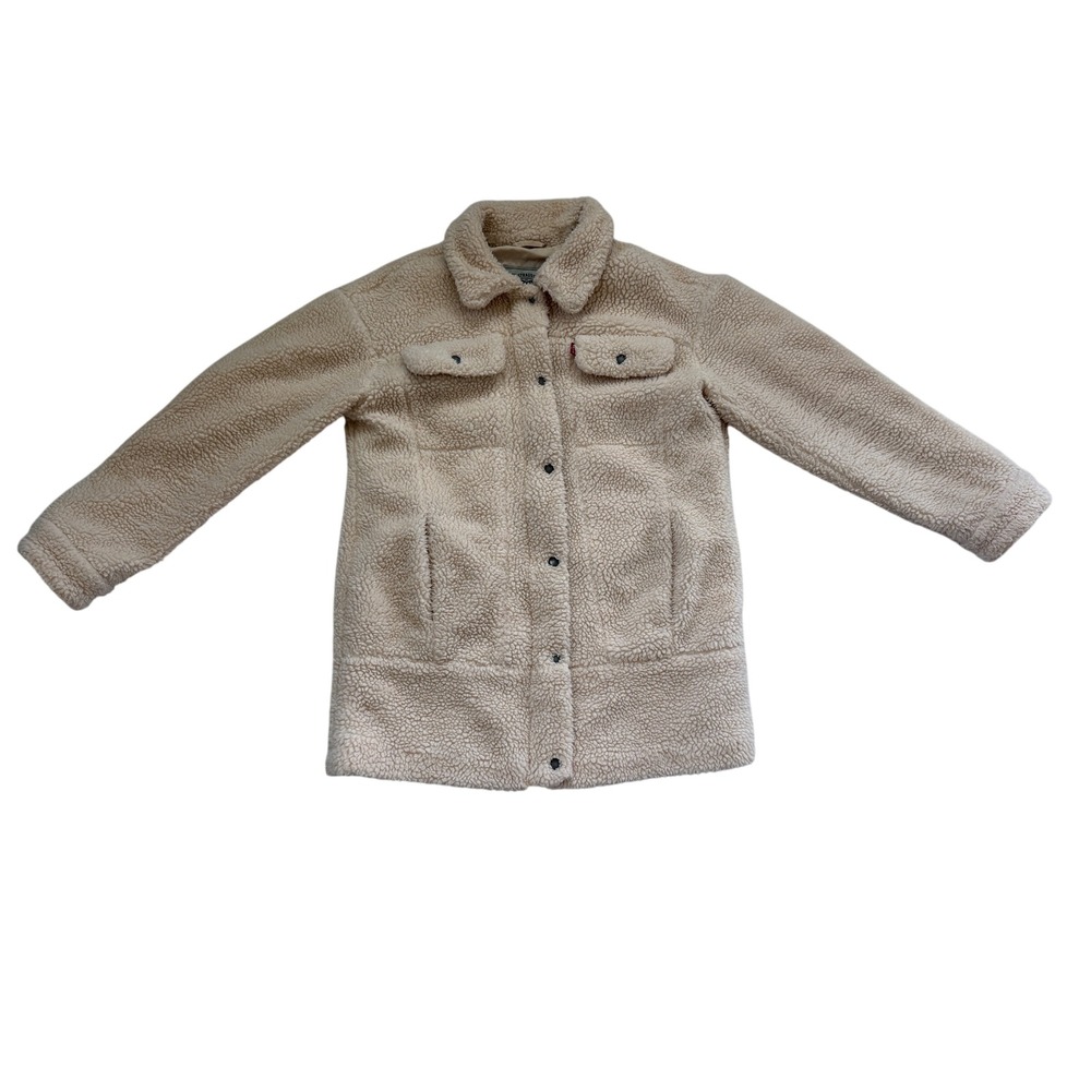 Levis Womens Sherpa Trucker Jacket Cream Off-White Faux Fur Longline Small